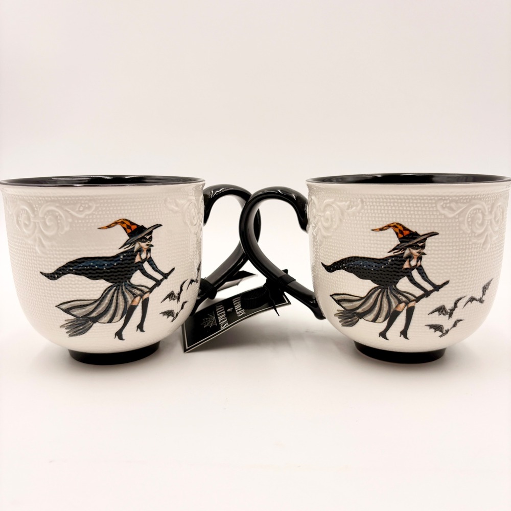 Cobwebs & Cauldrons Halloween Witch Mugs Set of 2 White Black Embossed Ceramic